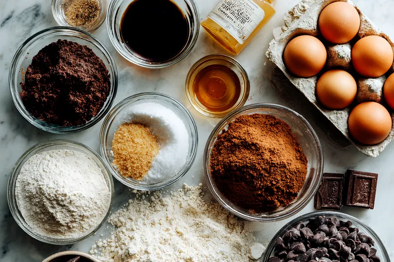 Ingredients for espresso chocolate chip cookies including instant espresso powder, dark cocoa powder, dark chocolate chips, and chopped espresso beans arranged on a wooden cutting board