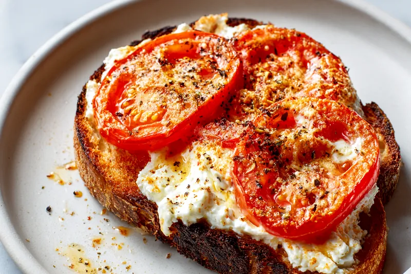Golden sourdough toast being rubbed with fresh garlic cloves, with creamy ricotta being spread on top, showing the assembly process