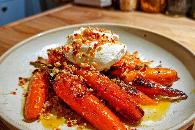 Chef Mitchell seasoning the carrot sticks with a blend of herbs and olive oil before roasting.