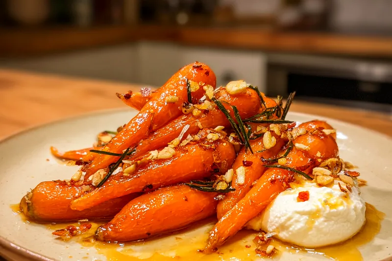 A colorful arrangement of fresh carrots and herbs arranged on a wooden cutting board.