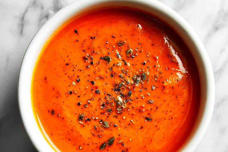 A close-up of the creamy roasted red pepper gouda soup being blended to a smooth consistency.