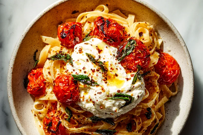 Roasted cherry tomatoes bursting with caramelized edges and golden roasted garlic cloves on a baking sheet with olive oil