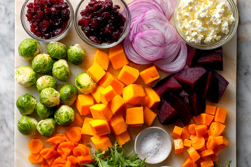 Golden-brown roasted vegetables on a baking sheet showing caramelized edges on Brussels sprouts, butternut squash, and carrots mid-way through cooking