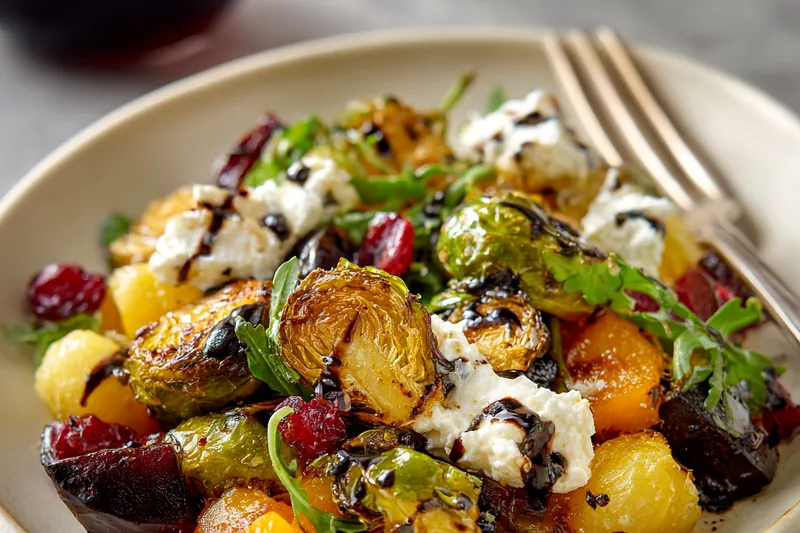 Organized layout of raw ingredients including cubed butternut squash, halved Brussels sprouts, beets, carrots, red onion, olive oil, dried cranberries, and crumbled goat cheese on a light surface