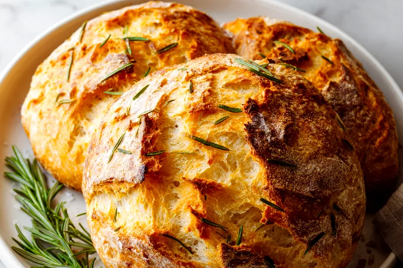 Overhead view of bread ingredients arranged on a marble counter: a mound of flour, small bowl of minced garlic, fresh rosemary sprigs, measuring spoons with yeast and salt, glass of warm water, and a small dish of olive oil, all naturally lit from the side