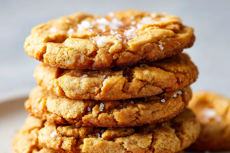 Overhead flat lay of ingredients arranged on white marble surface: stick of golden brown butter in glass bowl, two types of sugar in small bowls, eggs, vanilla extract in bottle, measuring cups with flour, small bowls with baking soda and baking powder, and dish of flaky sea salt crystals, natural lighting casting soft shadows