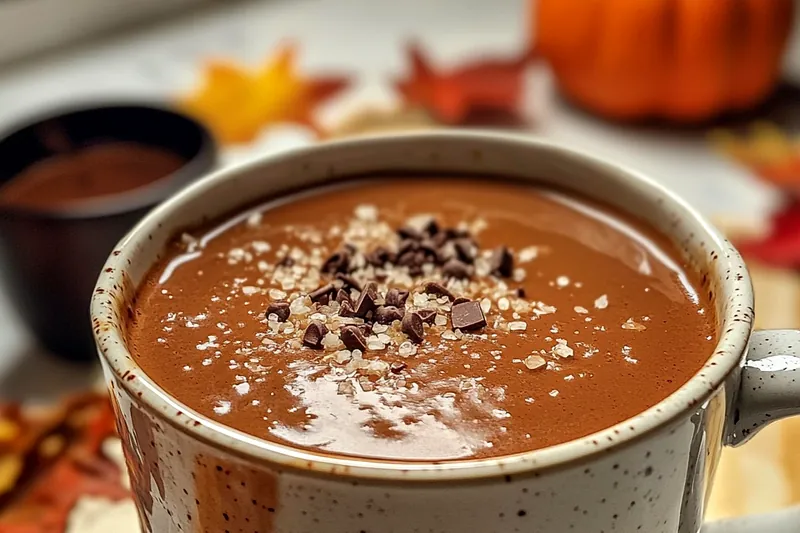 A chef stirring a pot of Decadent Salted Caramel Cocoa on the stove, showcasing the rich and creamy texture.