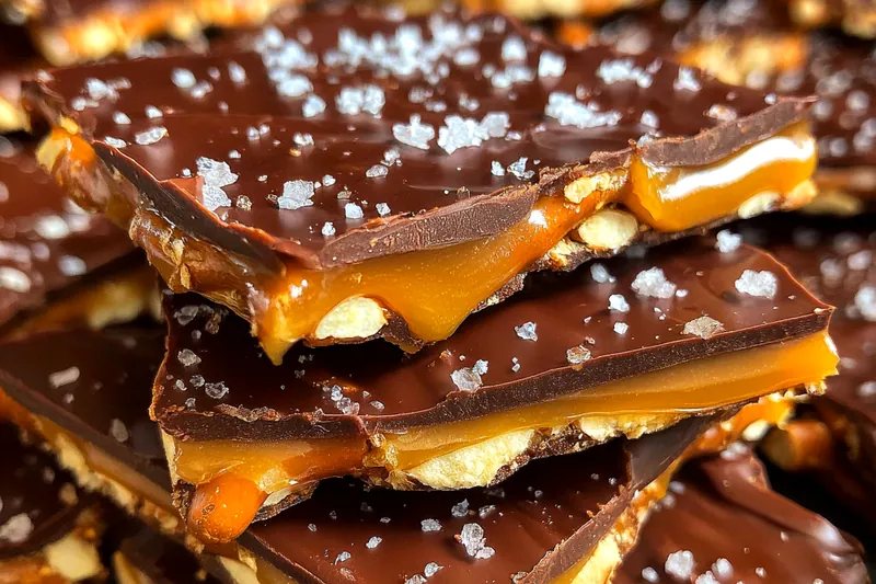 An assortment of ingredients for Sweet and Salty Caramel Pretzel Bark laid out, including pretzels, chocolate chips, and caramel sauce.
