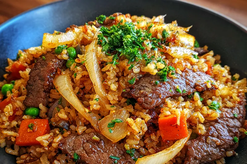 The cooking process of Beef and Onion Fried Rice Delight being prepared in a skillet.