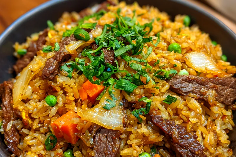 An array of fresh ingredients for Beef and Onion Fried Rice Delight including beef, onions, and vegetables.
