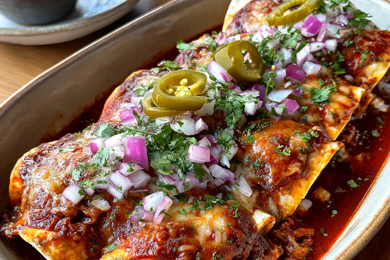 The cooking process for Savory Birria Enchiladas, showcasing beef simmering in spices.