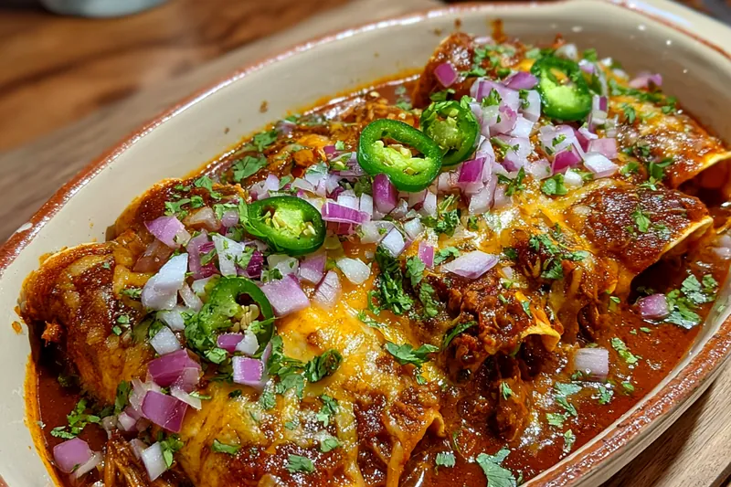 A vibrant assortment of ingredients for Savory Birria Enchiladas including beef, spices, and tortillas.