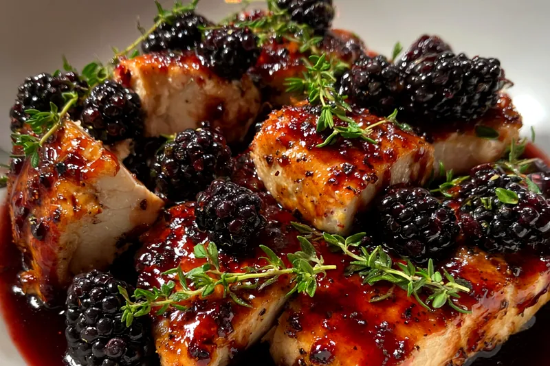 Chef cooking Savory Blackberry Bourbon Chicken in a skillet, showcasing the vibrant sauce.