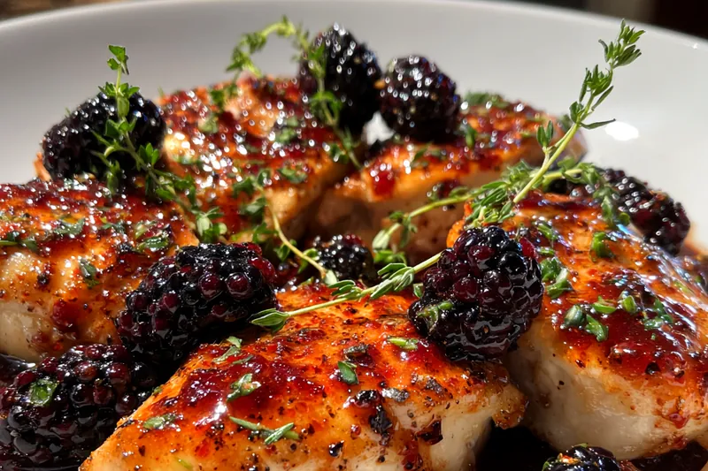 Assorted ingredients laid out for Savory Blackberry Bourbon Chicken including chicken, blackberries, and spices.