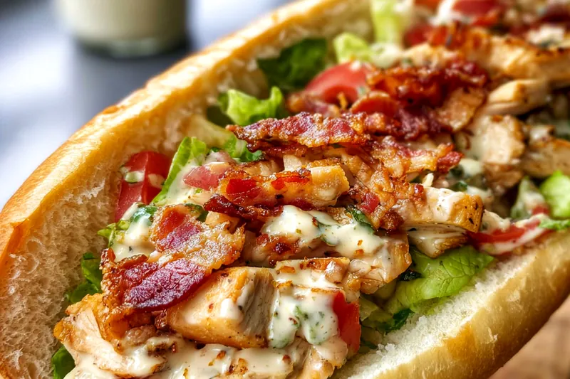 Fresh ingredients for chicken bacon ranch sub including raw chicken, bacon strips, sub rolls, ranch dressing, vegetables, and seasonings arranged on a marble countertop