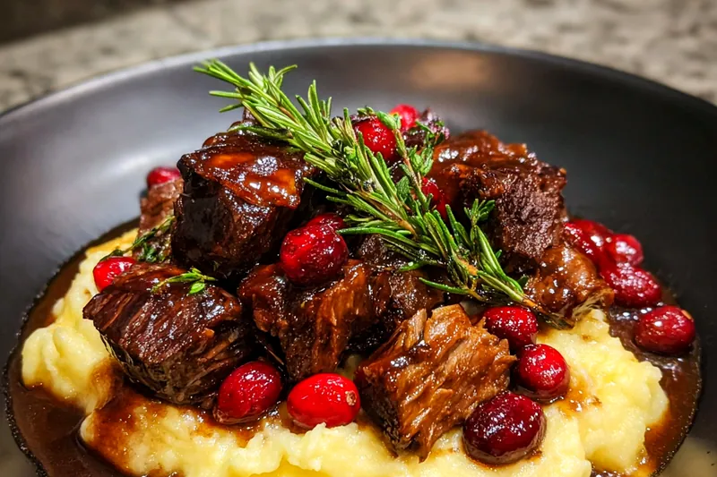 Chef searing the beef roast in a skillet for Savory Cranberry Roast Beef.