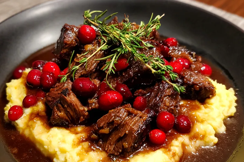 A variety of fresh ingredients for Savory Cranberry Roast Beef including cranberries, beef, and herbs.