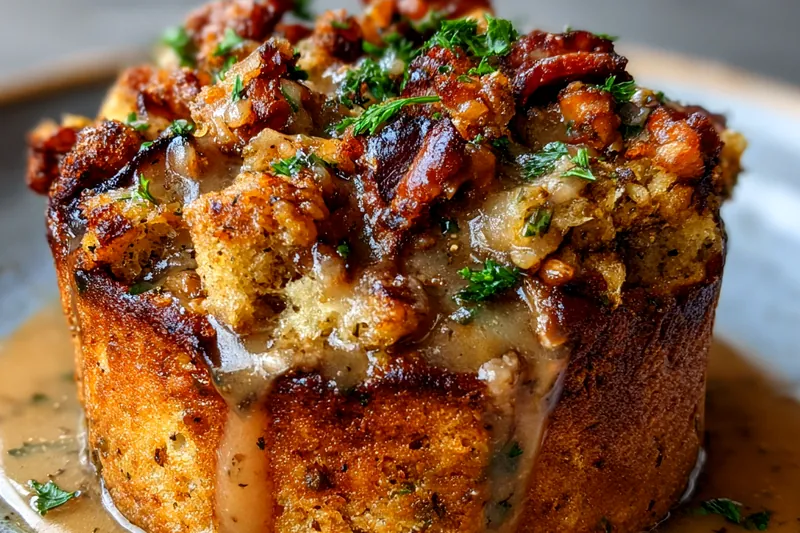 Cooking process of Savory Gravy Muffins, showing the batter being mixed in a bowl.