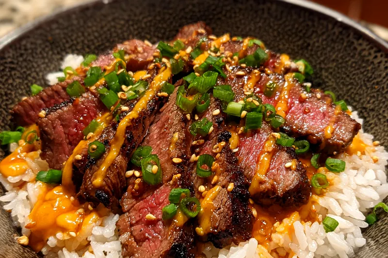 Fresh ingredients for Savory Korean BBQ Steak Bowls including flank steak, colorful vegetables, and rice.