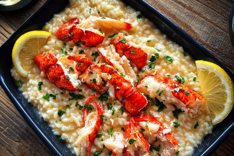 Stirring the creamy risotto in a pan with lobster pieces.