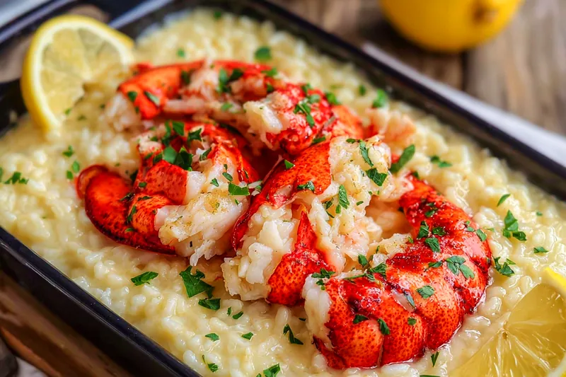 Fresh ingredients for Lobster Risotto including lobster meat, rice, and herbs.