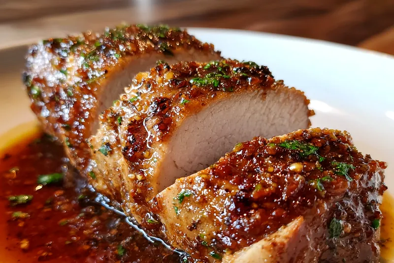 A close-up of Savory Maple Glazed Pork cooking in a skillet, showcasing the bubbling glaze and seared exterior.