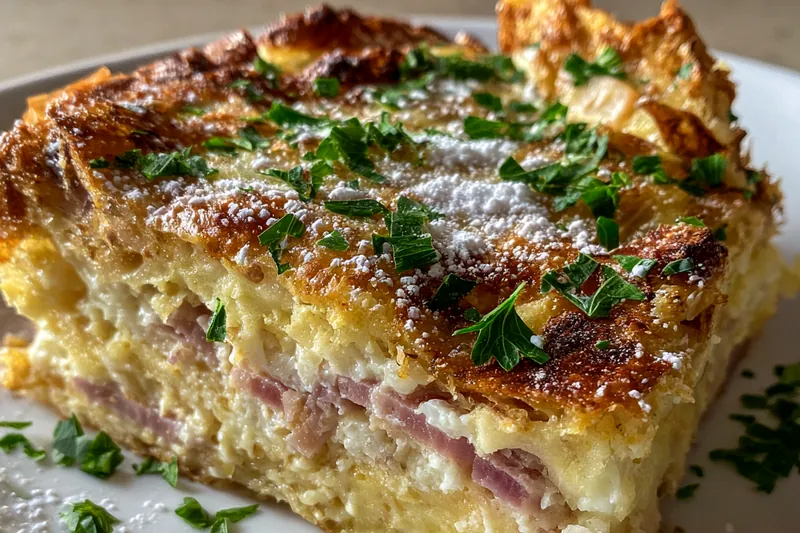 Chef Mitchell mixing the egg mixture for Savory Monte Cristo Casserole in a large bowl.