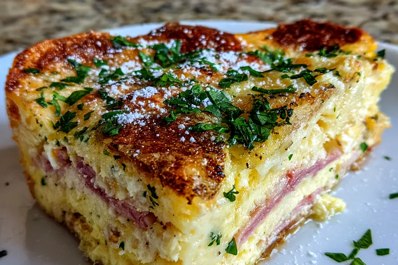An array of ingredients for Savory Monte Cristo Casserole laid out on a kitchen counter.