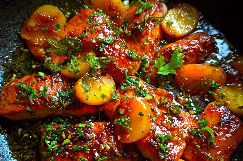 Cooking process for Savory Peach Glazed Salmon
