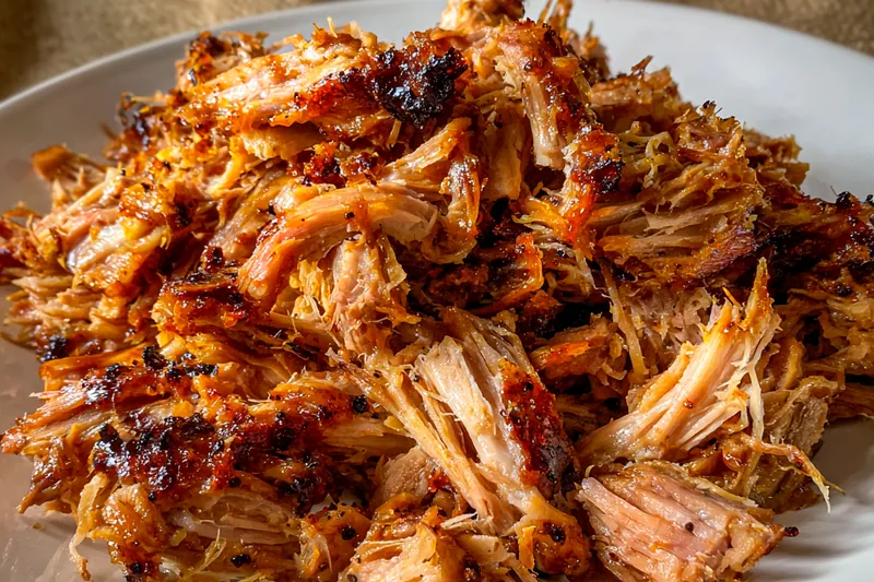 Chef Mitchell skillfully shredding tender pulled pork in a kitchen setting.