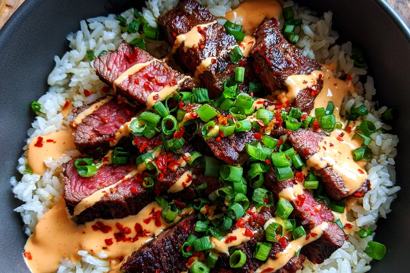 Fresh ingredients for Savory Steak Rice Delight including steak, rice, and vegetables.