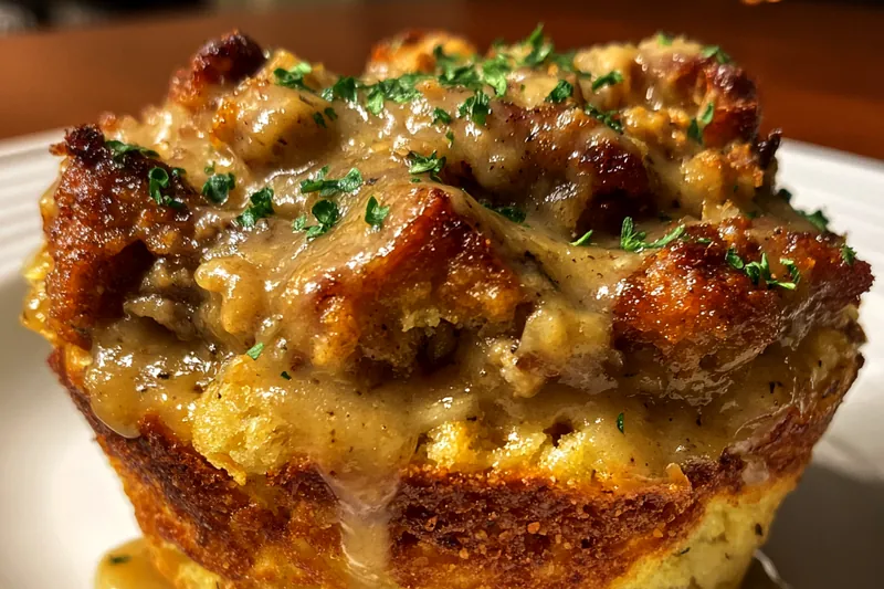 Savory Stuffing Muffins baking in the oven, rising beautifully and turning golden brown.
