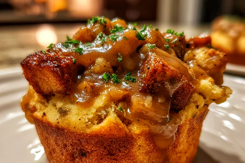 Ingredients for Savory Stuffing Muffins arranged on a wooden table, featuring bread cubes, herbs, and vegetables.