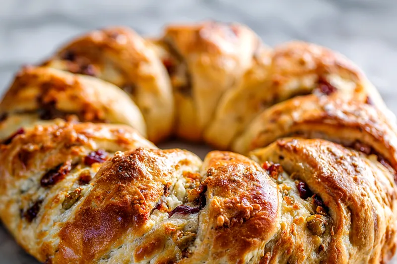 Savory Turkey and Cranberry Crescent Ring baking in the oven, golden and flaky.