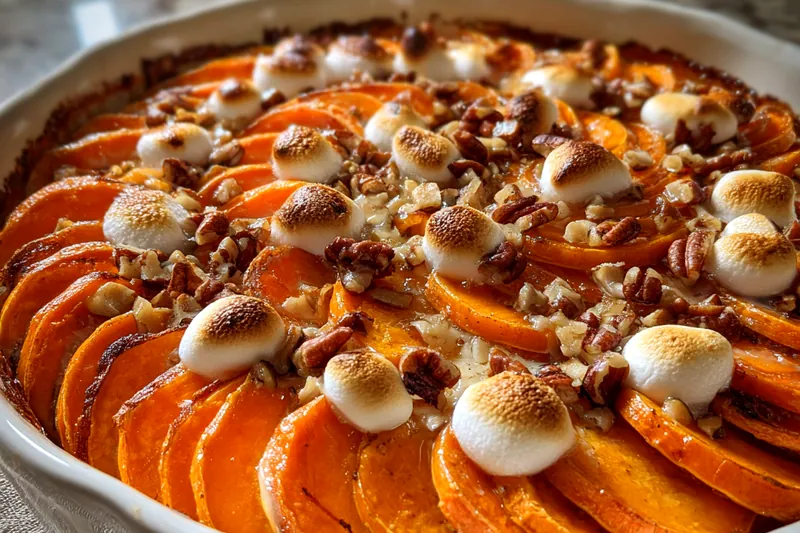 The process of layering sweet potatoes with sauce and cheese in a baking dish for Delightful Scalloped Sweet Potatoes.