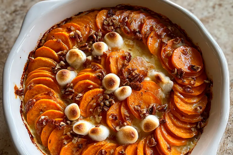 A collection of fresh sweet potatoes, cheese, and seasonings laid out for preparing Delightful Scalloped Sweet Potatoes.