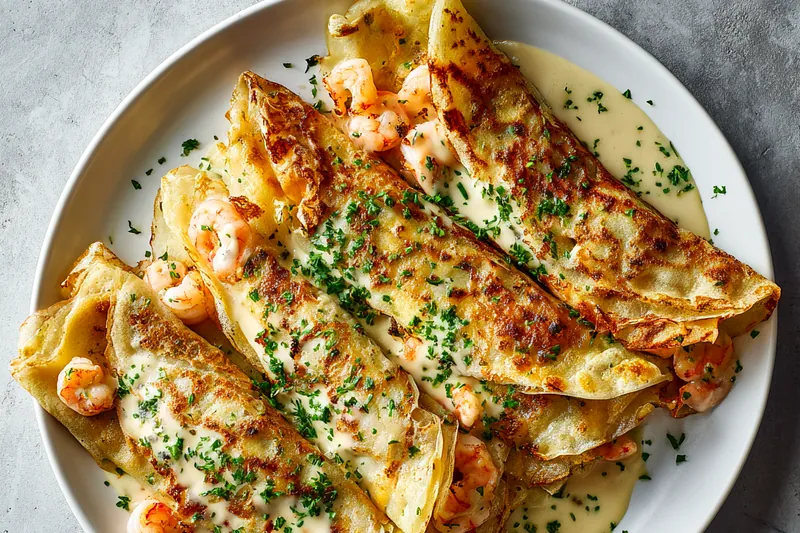 Colorful display of seafood ingredients for crepes