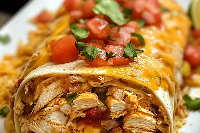 Colorful array of seven layer burrito ingredients including seasoned chicken, rice, beans, cheese, fresh vegetables, and tortillas arranged on a wooden cutting board
