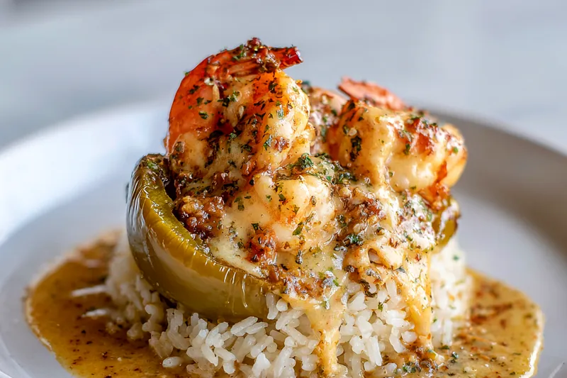 Close-up action shot of golden-brown shrimp sizzling in a stainless steel skillet with melted butter, minced garlic, and red pepper flakes, with a wooden spoon stirring creamy sauce that's just beginning to bubble, steam rising from the pan