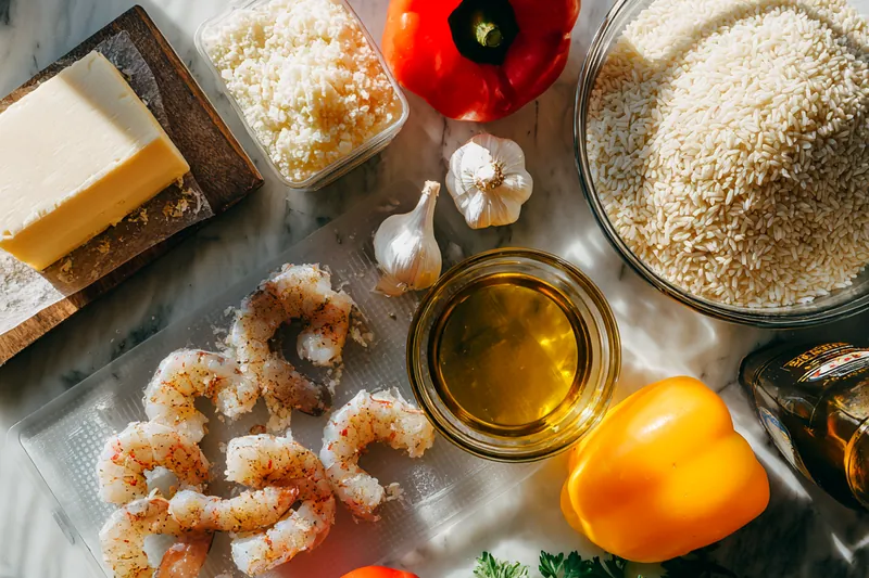 Overhead view of fresh ingredients arranged on a white marble surface: vibrant red and yellow bell peppers, pink raw shrimp on ice, a bowl of fluffy white rice, fresh parsley, whole garlic cloves, small bowls of cream and Parmesan cheese, and colorful spices in ceramic dishes