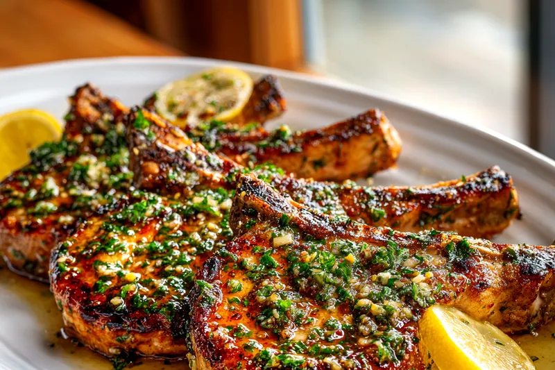 Close-up of a golden-brown pork chop being seared in a cast-iron skillet with visible caramelization, butter melting in the pan with minced garlic
