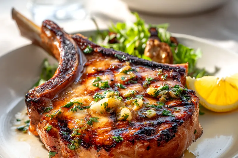 Overhead view of raw pork chops on a cutting board surrounded by small bowls of minced garlic, fresh parsley, butter, olive oil, and whole lemons on a white marble surface