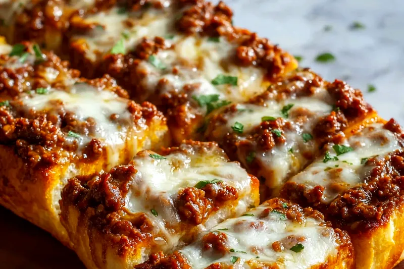 Ingredients for sloppy joe garlic bread including ground beef, Italian bread, garlic, butter, onions, peppers, and tomato sauce arranged on a marble countertop