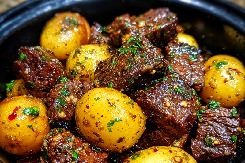 A skillet with sizzling Garlic Butter Beef and Potatoes being cooked on a stovetop.