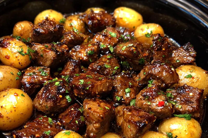 A selection of fresh ingredients for Garlic Butter Beef and Potatoes arranged neatly on a countertop.