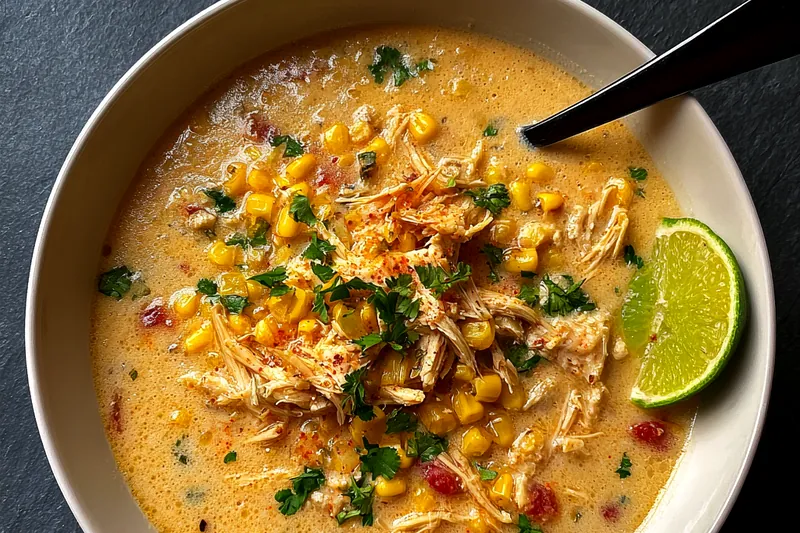 A selection of fresh ingredients used for Delicious Mexican Chicken Chowder, including chicken, vegetables, and spices.