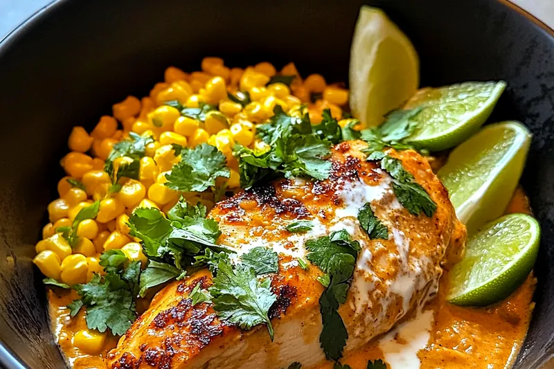 The process of cooking Creamy Street Corn Chicken Delight in a skillet, showcasing the golden-brown chicken coated in creamy sauce.