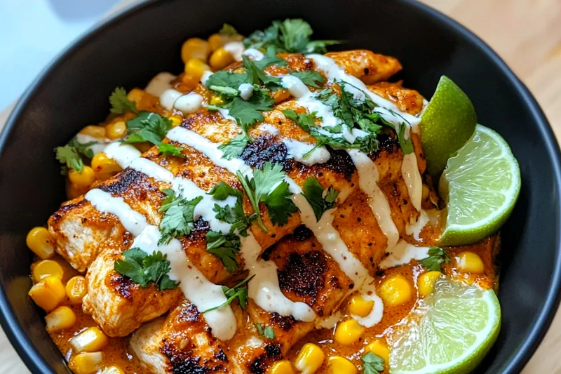 A colorful array of ingredients for Creamy Street Corn Chicken Delight, including chicken, corn, cream, and spices arranged on a wooden table.