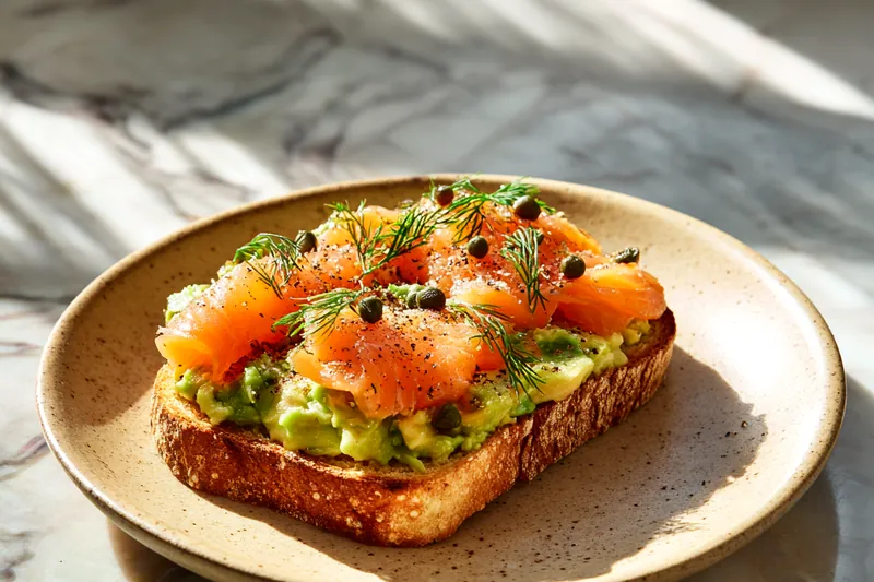 Process shot showing golden toasted bread in a skillet with a spatula, and a separate bowl with mashed creamy green avocado being seasoned with lemon juice and black pepper on a kitchen counter