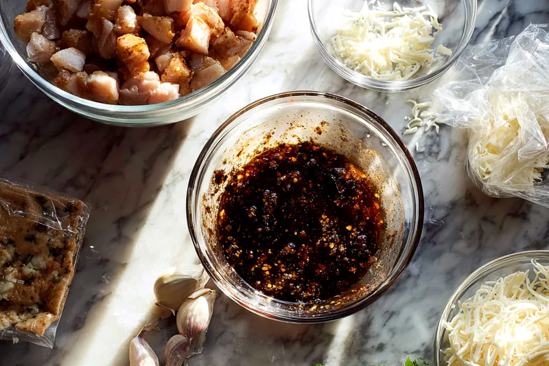 Action shot of pizza being assembled: hands spreading BBQ sauce on stretched dough, with bowls of toppings nearby, warm kitchen lighting highlighting the glossy sauce and flour-dusted work surface